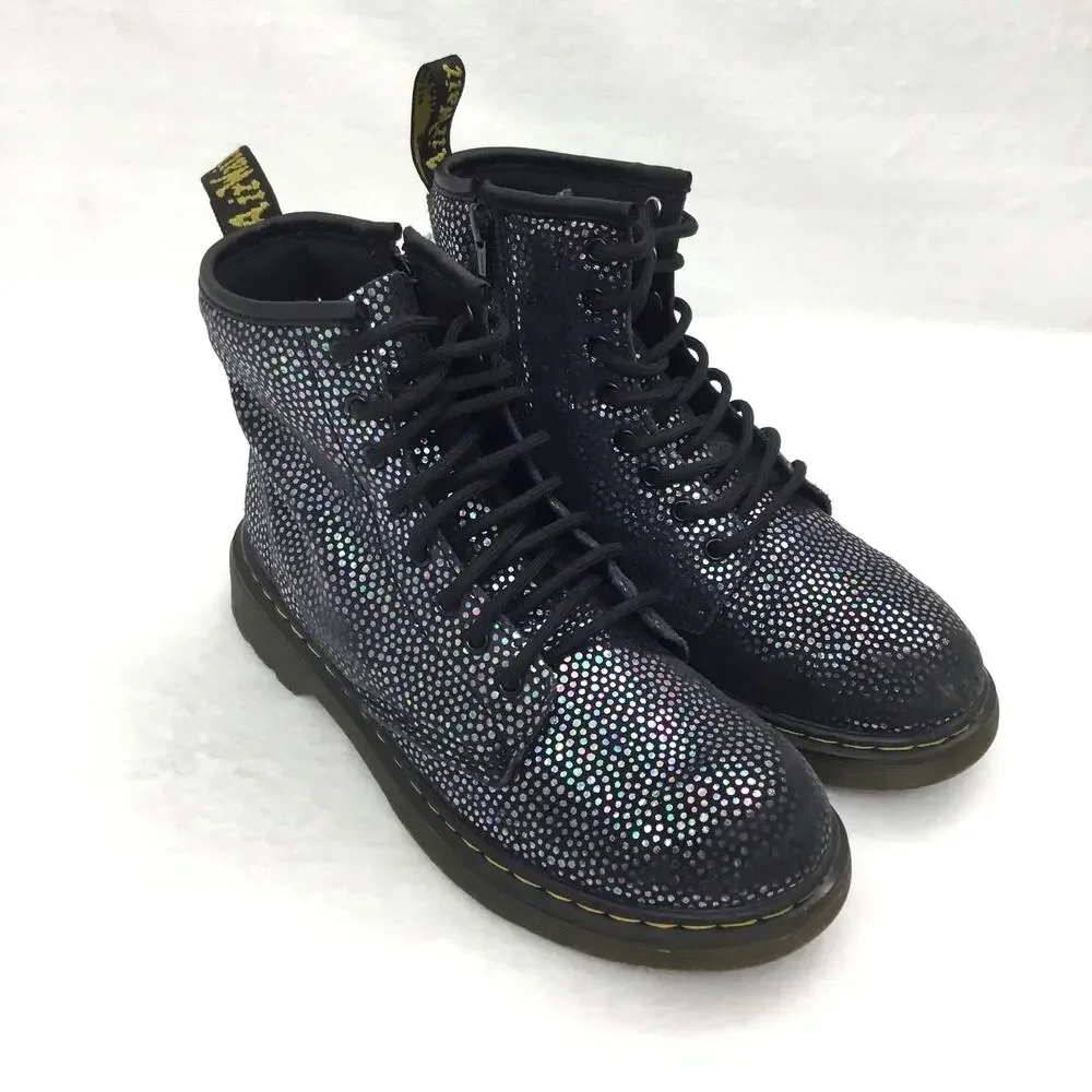 DR. MARTENS 1460J Black Kids Glitter Ankle Zipper Boots Girls Size 3